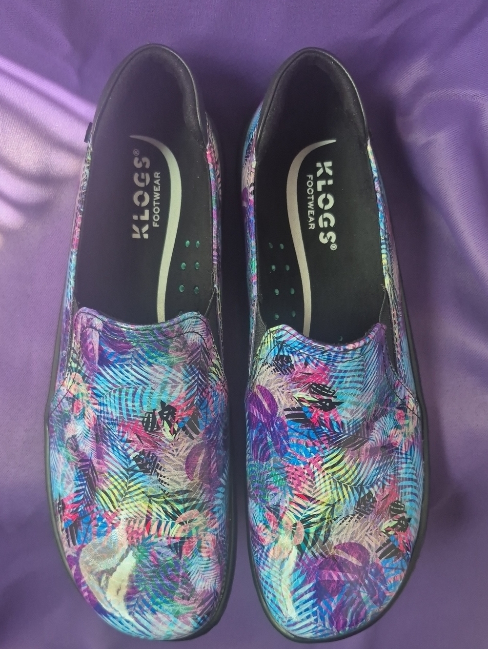 Klogs Women's Slip-On Flats in Purple Blue Pink Tropical Print